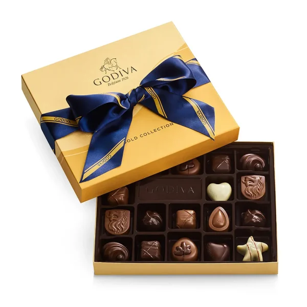 Assorted Chocolate Gold Gift Box, Striped Ribbon, 18 pc.