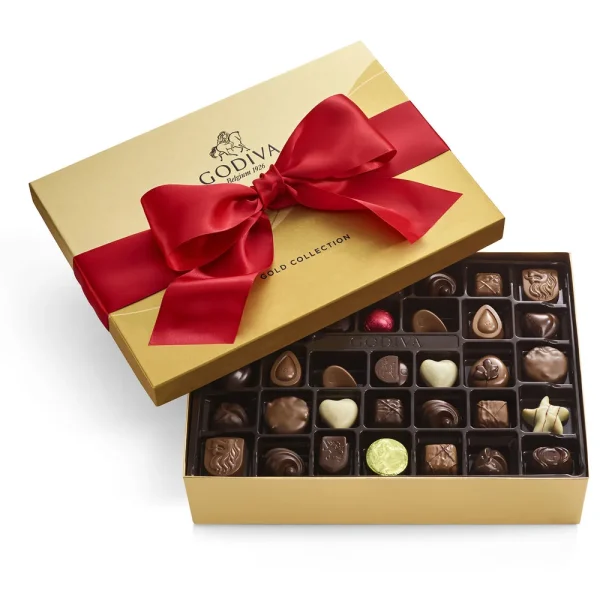 Assorted Chocolate Gold Gift Box, Solid Red Ribbon, 72 pc.