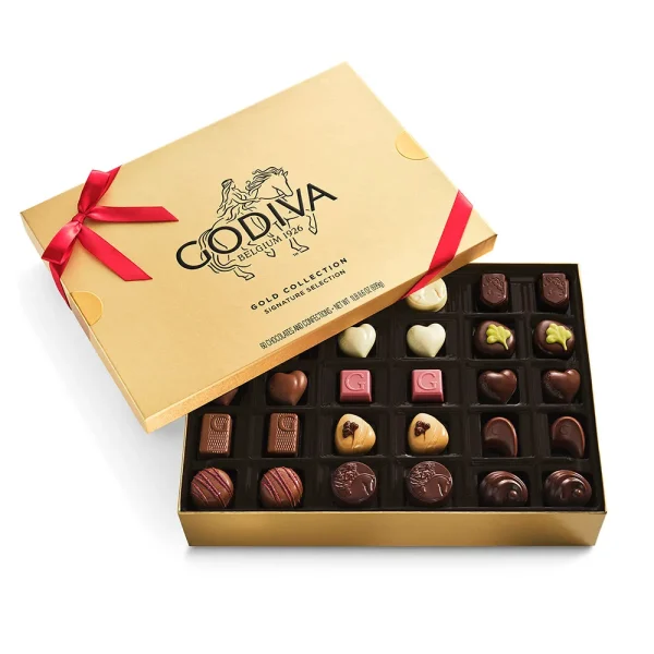 Assorted Chocolate Gold Gift Box, Red Ribbon, 60pc.
