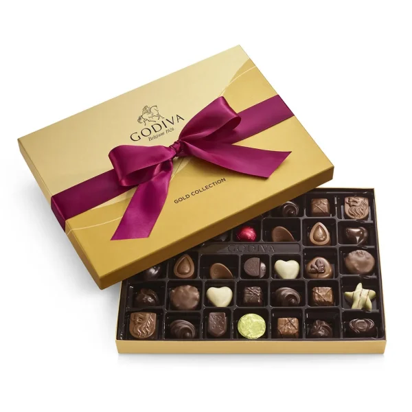 Assorted Chocolate Gold Gift Box, Solid Wine Ribbon, 36pc.