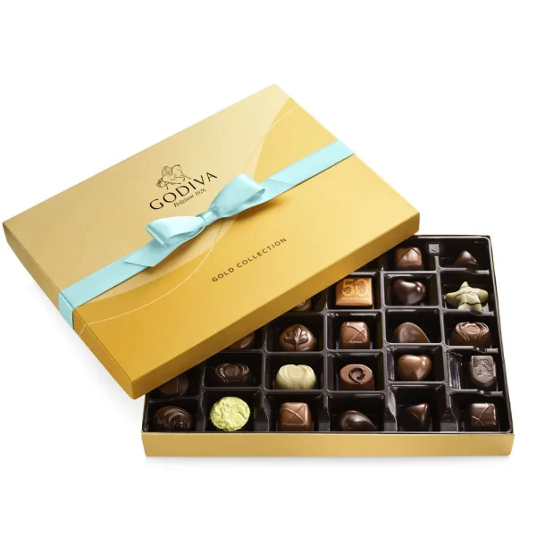 Assorted Chocolate Gold Gift Box, Aqua Blue Ribbon, 36pc.