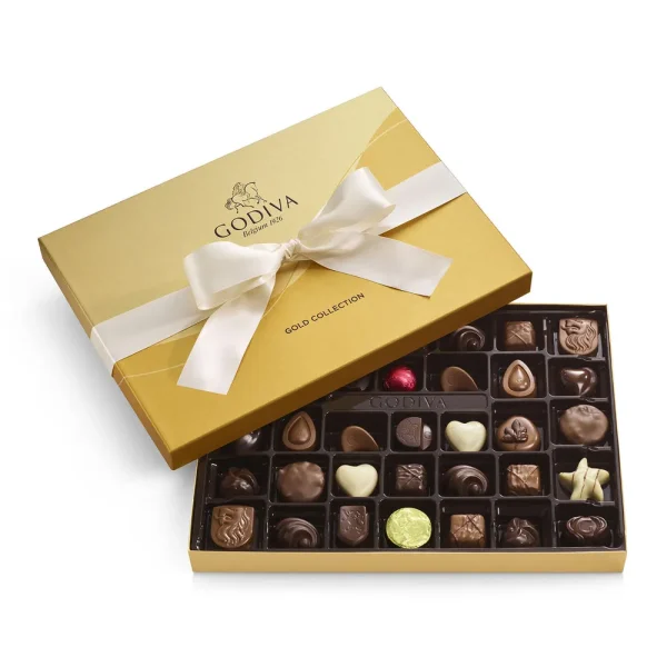 Assorted Chocolate Gold Gift Box, Solid Ivory Ribbon, 36pc.